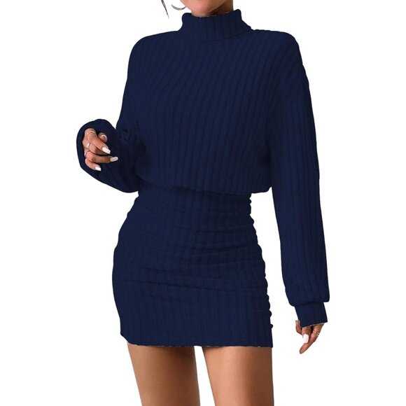 Women Ribbed Knit Sweater Dark Blue Dress Lantern Sleeve Turtleneck Mini Bodycon - Picture 1 of 5